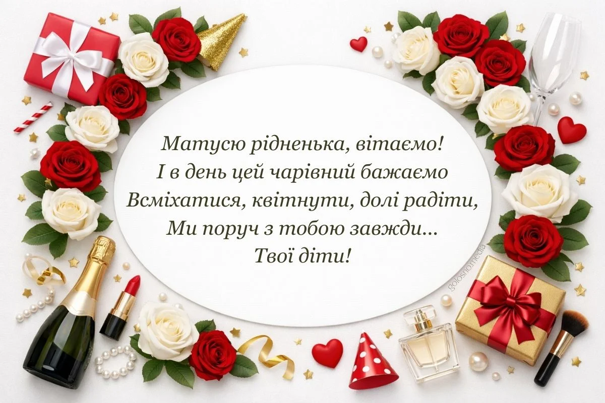 Квіти, подарунки та привітання для мами від дітей.