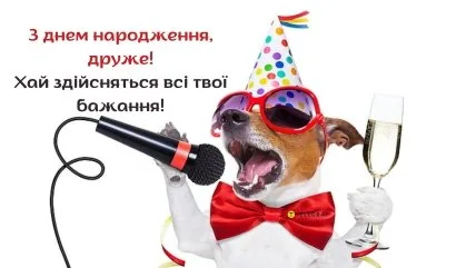 Собака в капелюшку та окулярах з мікрофоном і шампанським.