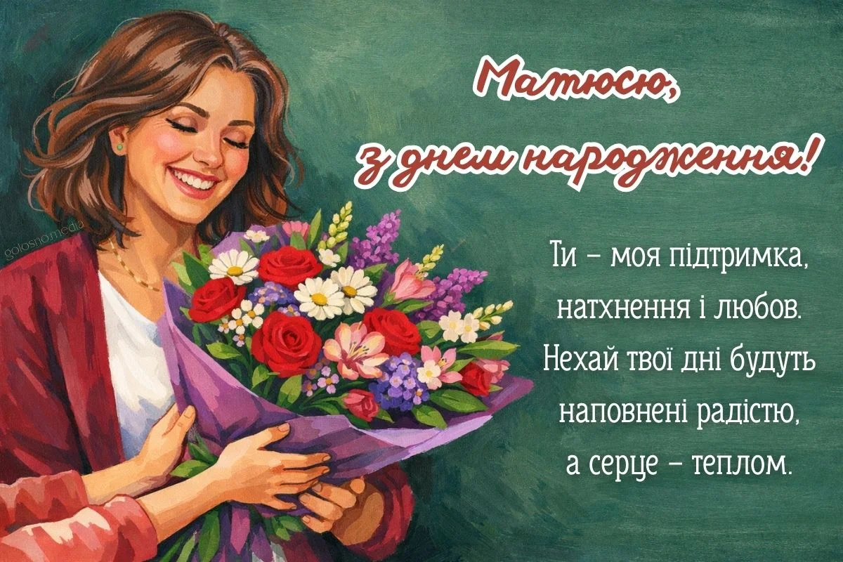 Жінка тримає квіти, привітання мамі з днем народження.