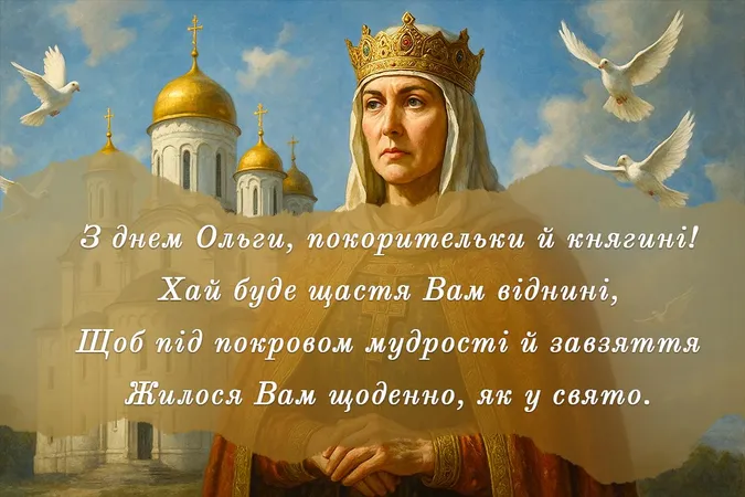 Свята Ольга з голубами та церквами на фоні