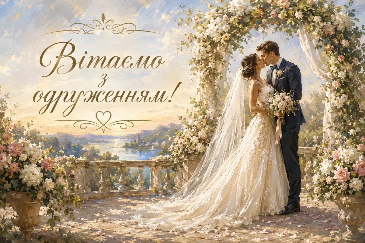 Весільна пара під квітковим аркою з привітанням.